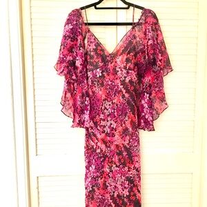 Tracy Reese Floral Pink & Purple Dress Sz 8 Silk Spaghetti Strap Flutter Sleeve